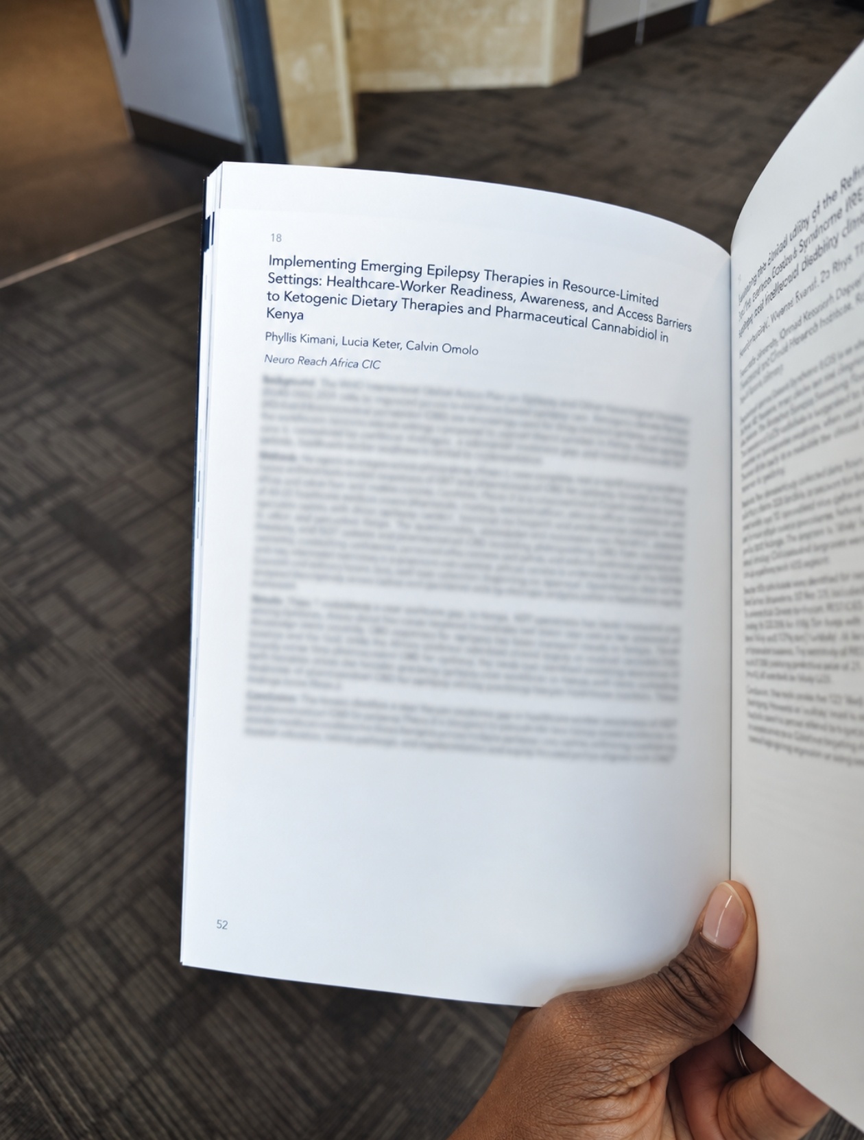 The abstract 'Implementing Emerging Epilepsy Therapies in Resource-Limited Settings' by Phyllis Kimani, Lucia Keter and Calvin Omolo, page 52 of the abstract book
