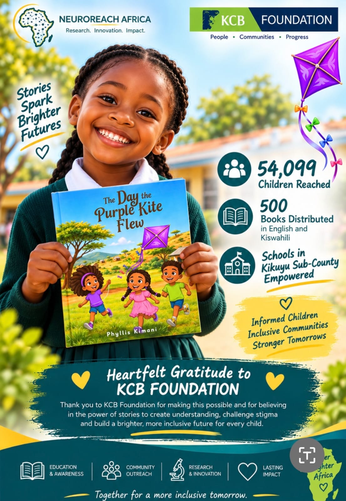 A smiling schoolgirl holds a copy of The Day the Purple Kite Flew, a NeuroReach Friends Series book, during a KCB Foundation-supported school outreach event.