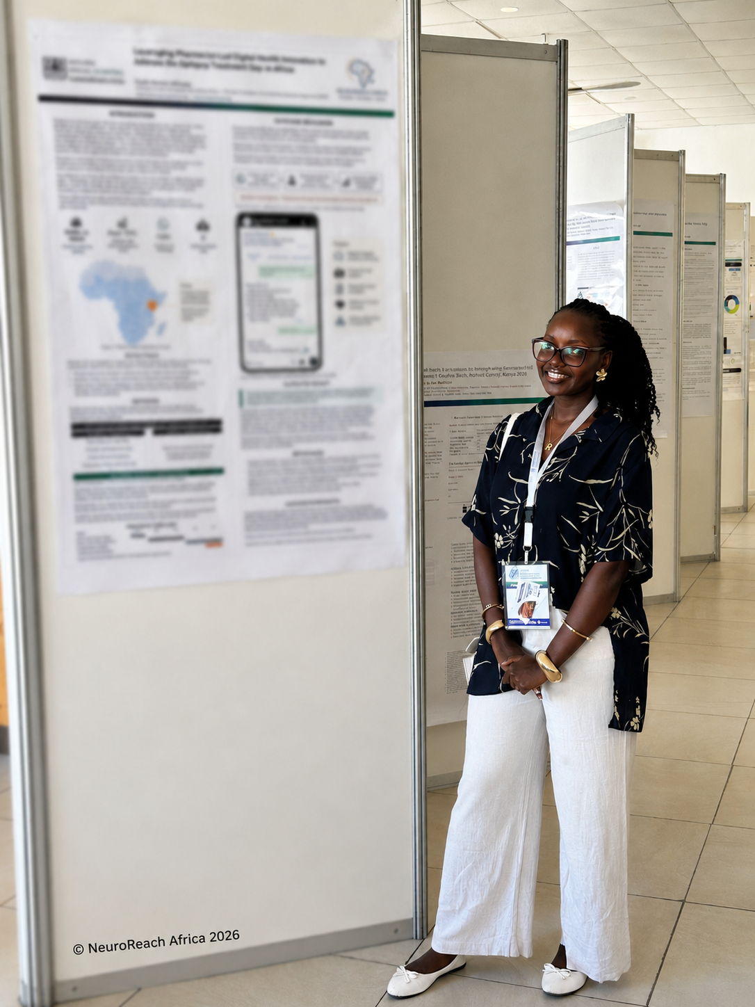 Phyllis Kimani standing beside the NeuroReach Africa research poster at the 46th PSK Annual Scientific Conference.