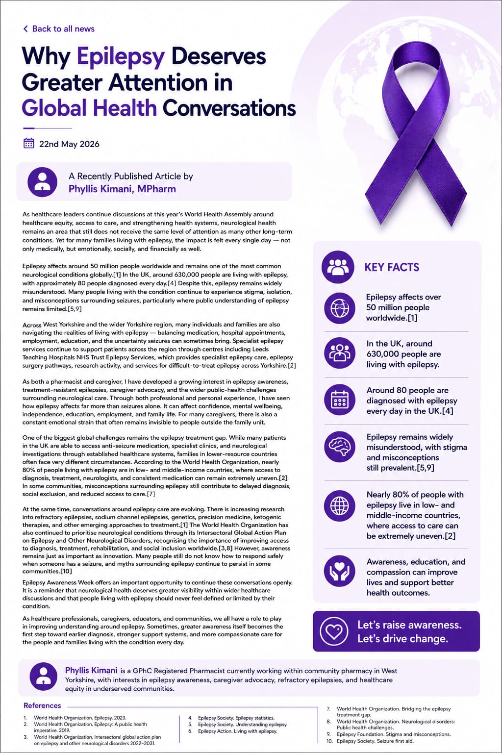 Well Pharmacy internal hub article, Why Epilepsy Deserves Greater Attention in Global Health Conversations, by Phyllis Kimani, MPharm, dated 22 May 2026, with a purple awareness ribbon and epilepsy key facts.