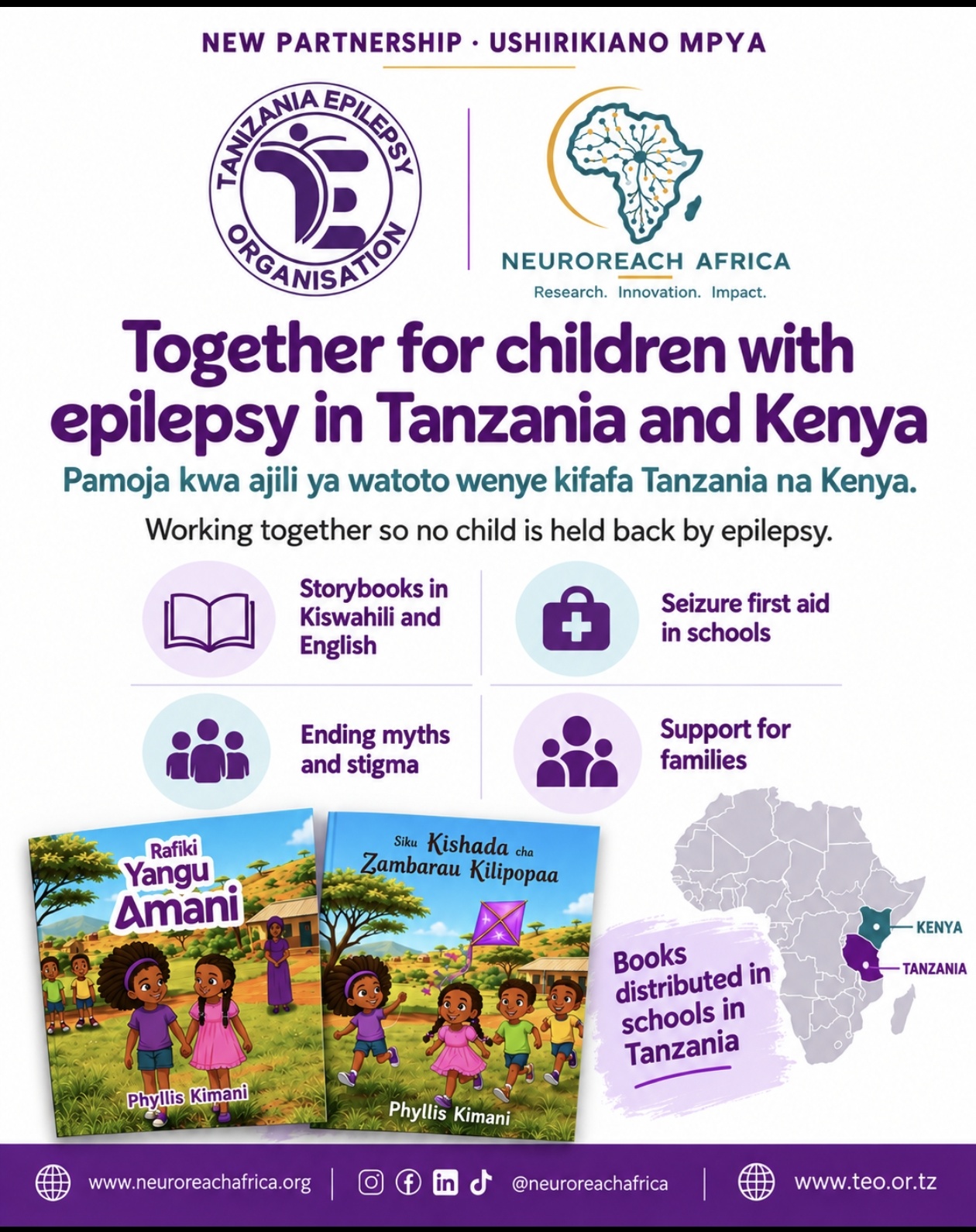 Partnership poster: Tanzania Epilepsy Organisation and NeuroReach Africa, together for children with epilepsy in Tanzania and Kenya, with the Kiswahili books Rafiki Yangu Amani and Siku Kishada cha Zambarau Kilipopaa