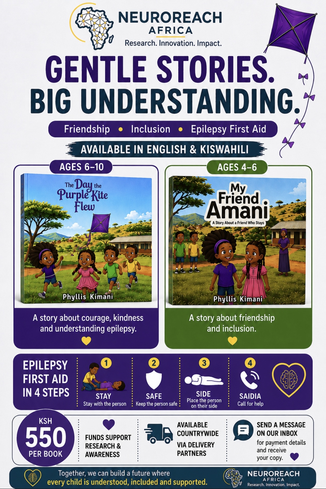 Promotional poster for the NeuroReach Friends Series, featuring The Day the Purple Kite Flew and My Friend Amani, with epilepsy first aid steps and purchase information.