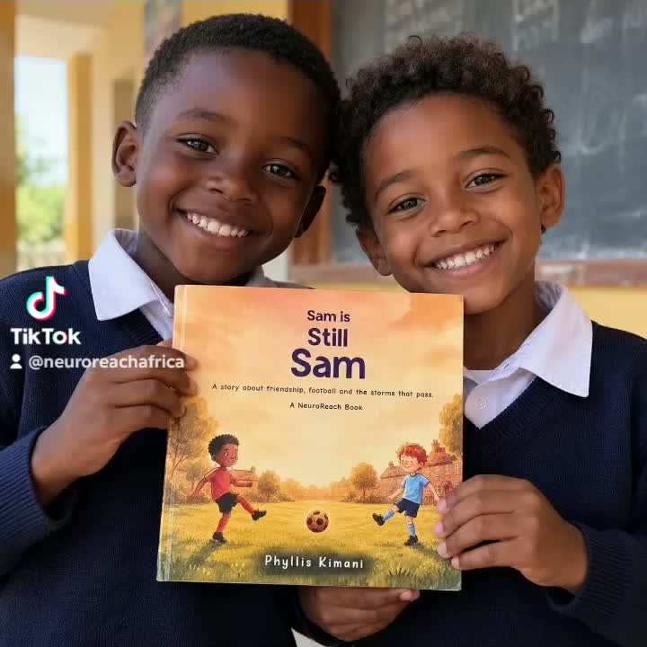 Still from the supplied NeuroReach Friends Series video showing two smiling children holding Sam Is Still Sam