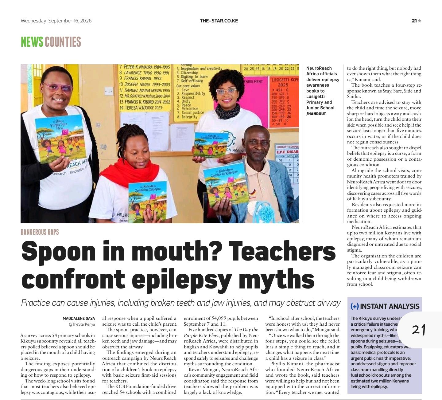 The Star Kenya newspaper page from 16 September 2026 with the headline “Spoon in mouth? Teachers confront epilepsy myths”, showing NeuroReach Africa officials delivering epilepsy awareness books to Lusigetti Primary and Junior School.