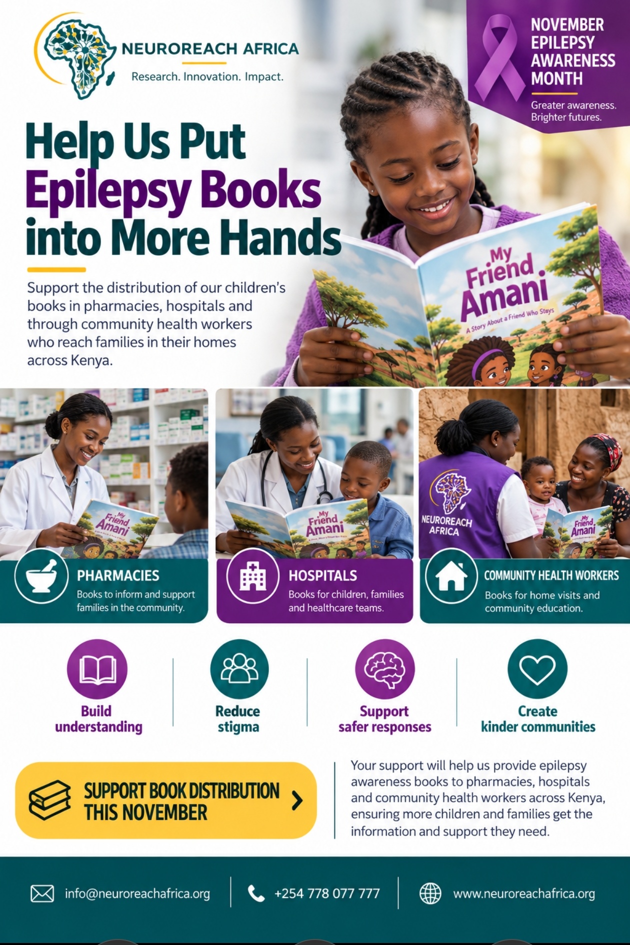 Poster: Help us put epilepsy books into more hands this November Epilepsy Awareness Month, with a girl reading My Friend Amani and panels for pharmacies, hospitals and community health workers