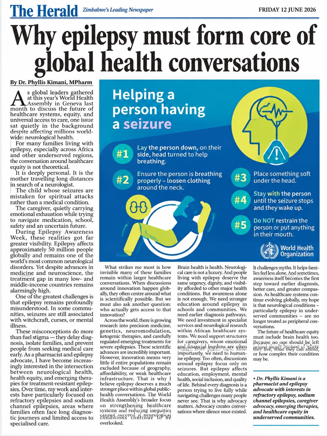 The Herald, Zimbabwe's leading newspaper, from Friday 12 June 2026, carrying the op-ed “Why epilepsy must form core of global health conversations” by Dr. Phyllis Kimani, alongside the WHO's five steps of seizure first aid.